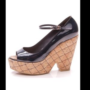 CHANEL Black and Tan Wedge Shoes
